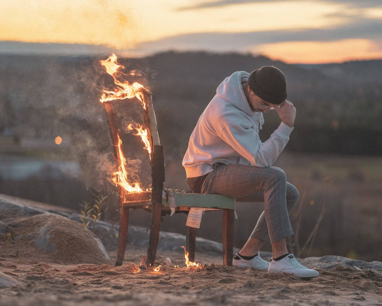 Happii Human Happy Human How to be happy man on a burning chair